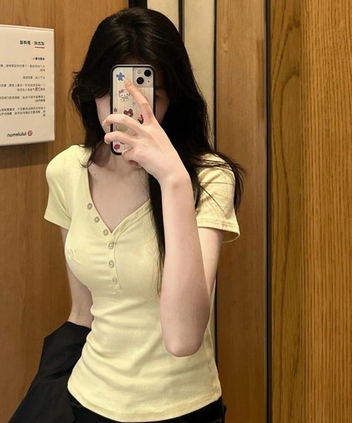 WESTSEA（ウエストシー）の「ショート丈 リブ ヘンリーネック 半袖Tシャツ ジャストフィット カップ付き（Tシャツ/カットソー・レディース・イエロー/ピンク/ブラック/ホワイト・FREE）」の15枚目の写真