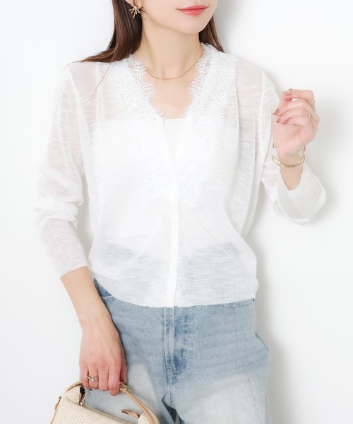 Riberry(リベリー)の「Vネックシアーレースカーディガン(カーディガン/ボレロ・レディース・アイボリー/ネイビー/イエロー/グリーン・MEDIUM)」の6枚目の写真