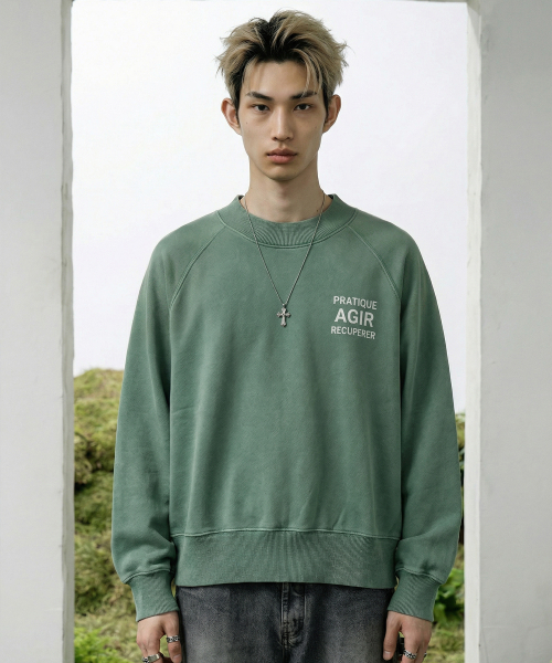 LENGAGEMENT(ランガージュマン)の「AGIR Salt-Washed Raglan Crop Sweatshirt (Green)(スウェット・レディース・グリーン・1/2)」の1枚目の写真