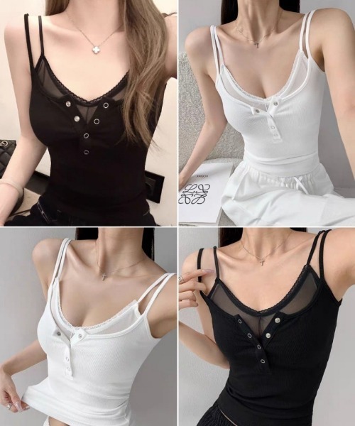 Ritzy(リッツィー)の「Y2Kシアーレース切替 ヘンリーネックカップ付き リブ キャミソール タンクトップ(キャミソール・レディース・ホワイト/ブラック・FREE)」の3枚目の写真