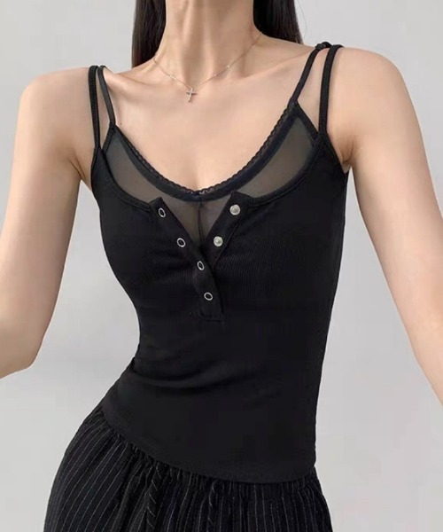 Ritzy(リッツィー)の「Y2Kシアーレース切替 ヘンリーネックカップ付き リブ キャミソール タンクトップ(キャミソール・レディース・ホワイト/ブラック・FREE)」の8枚目の写真