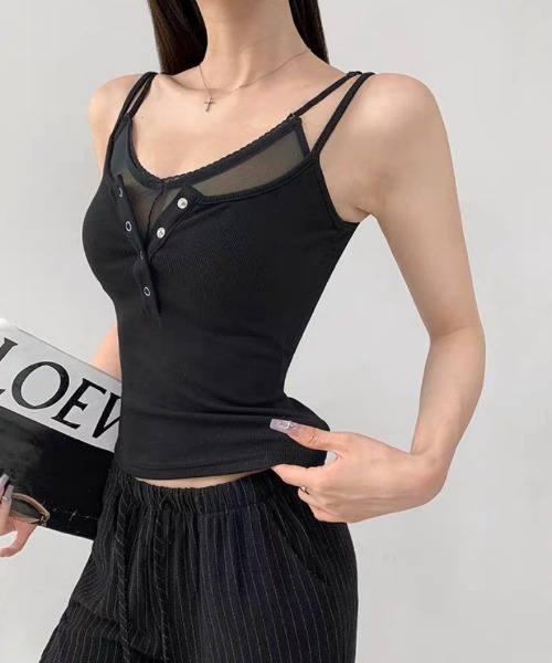 Ritzy(リッツィー)の「Y2Kシアーレース切替 ヘンリーネックカップ付き リブ キャミソール タンクトップ(キャミソール・レディース・ホワイト/ブラック・FREE)」の9枚目の写真