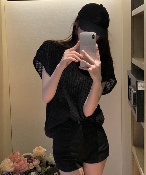 lulufa(ルルファ)の「メッシュ透かし編み フレンチスリーブ ニットトップス半袖(Tシャツ/カットソー・レディース・ブラック/カーキ/ベージュ・FREE)」の5枚目の写真