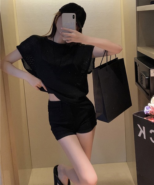 lulufa(ルルファ)の「メッシュ透かし編み フレンチスリーブ ニットトップス半袖(Tシャツ/カットソー・レディース・ブラック/カーキ/ベージュ・FREE)」の4枚目の写真