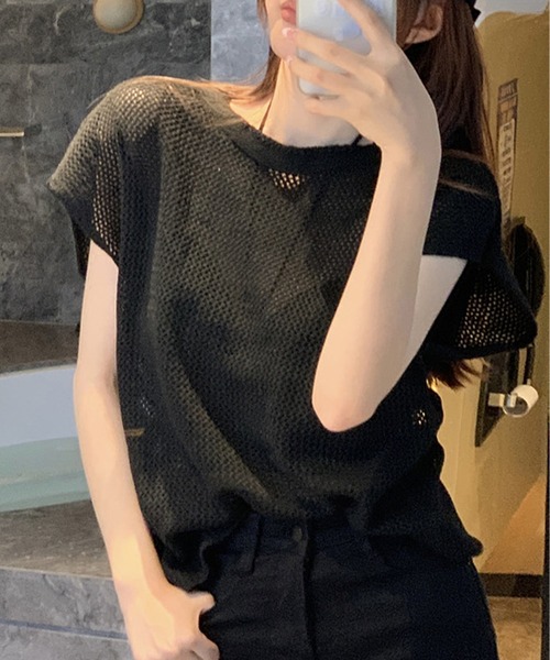 lulufa(ルルファ)の「メッシュ透かし編み フレンチスリーブ ニットトップス半袖(Tシャツ/カットソー・レディース・ブラック/カーキ/ベージュ・FREE)」の7枚目の写真