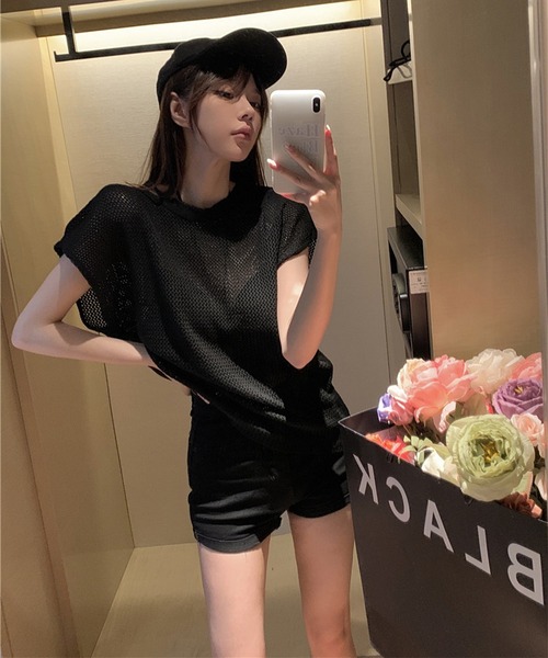 lulufa(ルルファ)の「メッシュ透かし編み フレンチスリーブ ニットトップス半袖(Tシャツ/カットソー・レディース・ブラック/カーキ/ベージュ・FREE)」の6枚目の写真