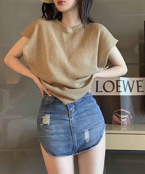 lulufa(ルルファ)の「メッシュ透かし編み フレンチスリーブ ニットトップス半袖(Tシャツ/カットソー・レディース・ブラック/カーキ/ベージュ・FREE)」の14枚目の写真