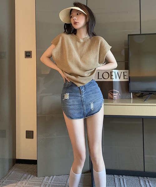lulufa(ルルファ)の「メッシュ透かし編み フレンチスリーブ ニットトップス半袖(Tシャツ/カットソー・レディース・ブラック/カーキ/ベージュ・FREE)」の15枚目の写真