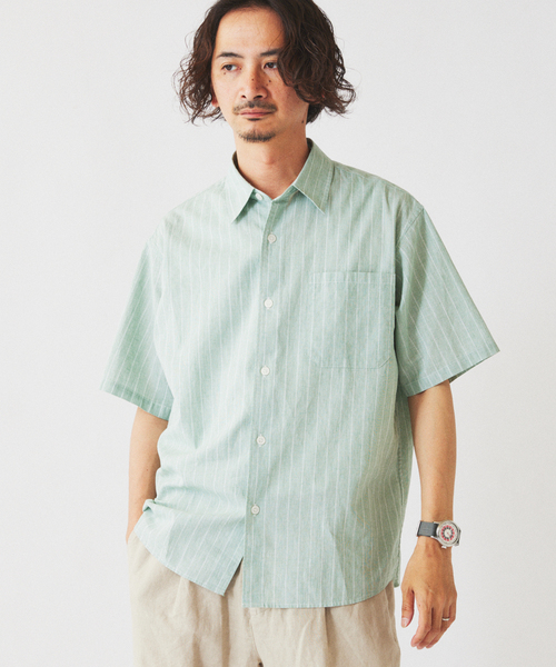 JOURNAL STANDARD relume(ジャーナルスタンダード レリューム)の「JAMES FABRIC コットンリネン ストライプ 半袖シャツ(シャツ/ブラウス・メンズ・グリーン系その他/ブルー/ライトブルー/グリーン・LARGE/MEDIUM)」の8枚目の写真