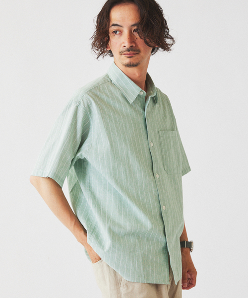 JOURNAL STANDARD relume(ジャーナルスタンダード レリューム)の「JAMES FABRIC コットンリネン ストライプ 半袖シャツ(シャツ/ブラウス・メンズ・グリーン系その他/ブルー/ライトブルー/グリーン・LARGE/MEDIUM)」の10枚目の写真