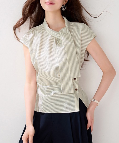 ONEP STAR(ワンピスター)の「ストライプリボンタイ半袖ブラウス(シャツ/ブラウス・レディース・ベージュ・LARGE/X-LARGE/MEDIUM)」の4枚目の写真