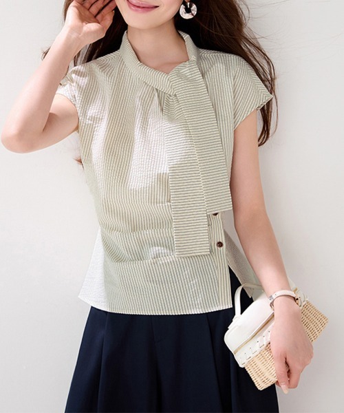 ONEP STAR(ワンピスター)の「ストライプリボンタイ半袖ブラウス(シャツ/ブラウス・レディース・ベージュ・LARGE/X-LARGE/MEDIUM)」の5枚目の写真