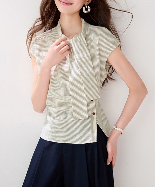 ONEP STAR(ワンピスター)の「ストライプリボンタイ半袖ブラウス(シャツ/ブラウス・レディース・ベージュ・LARGE/X-LARGE/MEDIUM)」の6枚目の写真