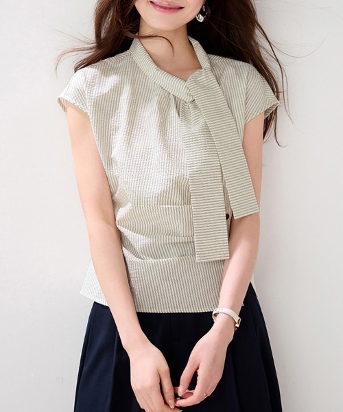 ONEP STAR(ワンピスター)の「ストライプリボンタイ半袖ブラウス(シャツ/ブラウス・レディース・ベージュ・LARGE/X-LARGE/MEDIUM)」の8枚目の写真