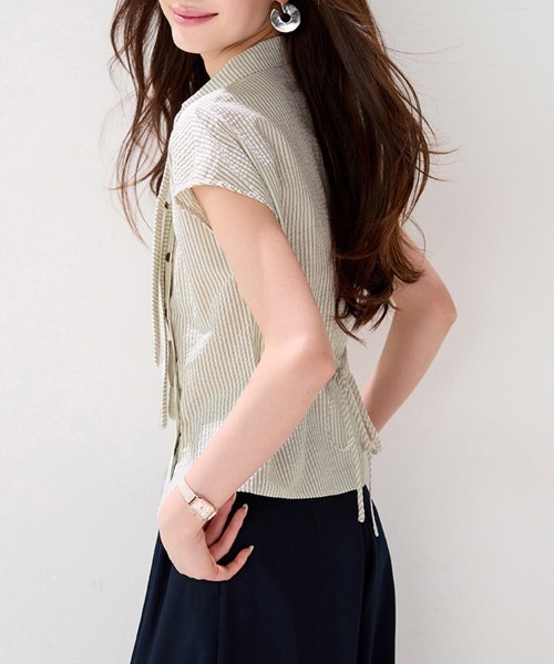 ONEP STAR(ワンピスター)の「ストライプリボンタイ半袖ブラウス(シャツ/ブラウス・レディース・ベージュ・LARGE/X-LARGE/MEDIUM)」の9枚目の写真