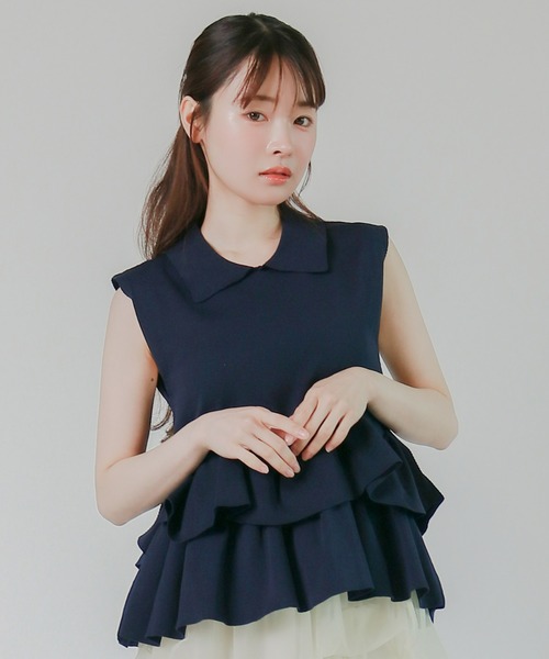mic by Olu.(ミックバイオルドット)の「< ZOZOTOWN限定 >フリルペプラムポロニット(Tシャツ/カットソー・レディース・アイボリー/ネイビー・FREE)」の2枚目の写真