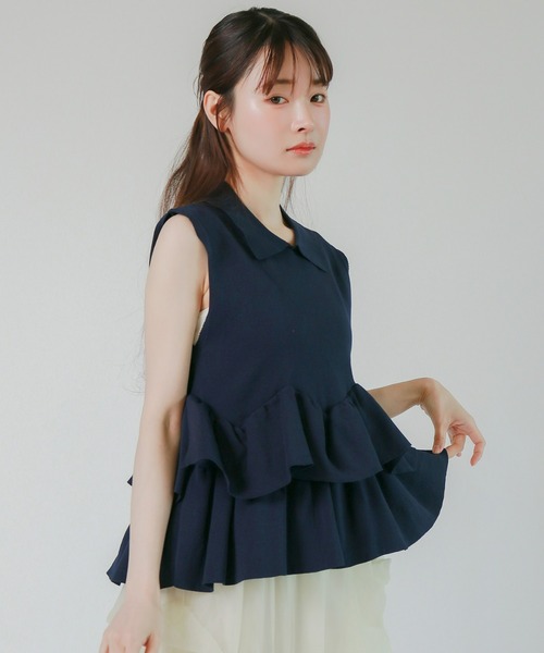 mic by Olu.(ミックバイオルドット)の「< ZOZOTOWN限定 >フリルペプラムポロニット(Tシャツ/カットソー・レディース・アイボリー/ネイビー・FREE)」の9枚目の写真