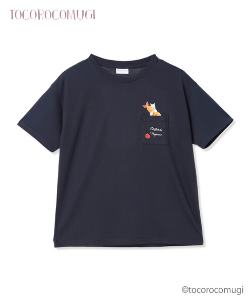 CROSSPLUS ONLINE(クロスプラスオンライン)の「トコロコムギエビフライにゃんこ半袖Tシャツ(Tシャツ/カットソー・レディース・ネイビー/アイボリー・L/M)」の2枚目の写真