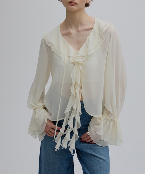 Ameri(アメリ)の「SHEER TWIST FRILL BLOUSE(シャツ/ブラウス・レディース・オレンジ/アイボリー/ブラック・FREE)」の1枚目の写真