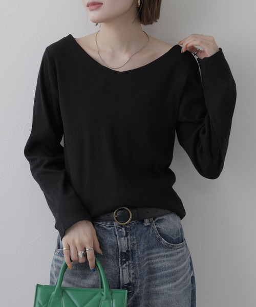 FUNALIVE(ファンアライブ)の「2×2リブVネックカットソー 長袖(Tシャツ/カットソー・レディース・オフホワイト/ブラック/カーキ/ベージュ/杢グレー・L/M)」の17枚目の写真