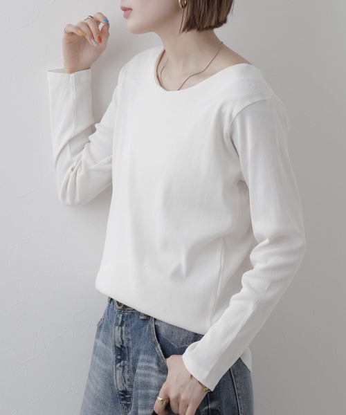 FUNALIVE(ファンアライブ)の「2×2リブVネックカットソー 長袖(Tシャツ/カットソー・レディース・オフホワイト/ブラック/カーキ/ベージュ/杢グレー・L/M)」の14枚目の写真