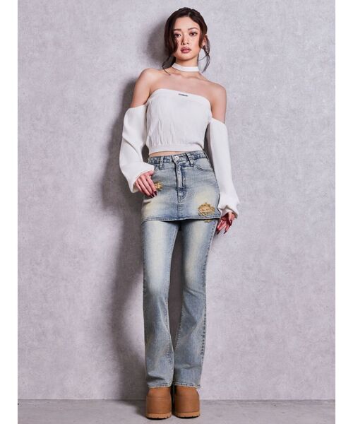 GYDA（ジェイダ）の「ハイウエストスカートレイヤードダメージフレアデニムパンツ（デニムパンツ・レディース・ライトブルー/インディゴブルー・MEDIUM/SMALL/X-SMALL）」の15枚目の写真
