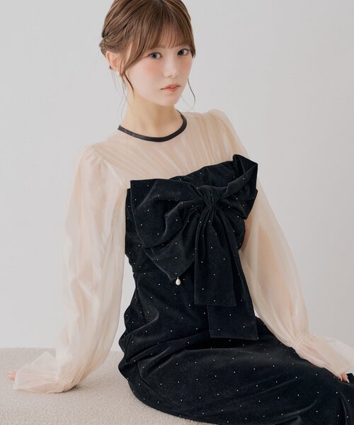 Chico(チコ)の「REVIVAL【SALON by Chico】配色シアーリボンベロアワンピース / オケージョン(ドレス・レディース・ブラウン系その他3/ブラック系その他3/チャコールグレー/ブラック・FREE/MEDIUM)」の2枚目の写真