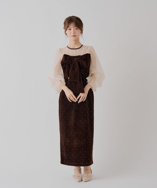 Chico(チコ)の「REVIVAL【SALON by Chico】配色シアーリボンベロアワンピース / オケージョン(ドレス・レディース・ブラウン系その他3/ブラック系その他3/チャコールグレー/ブラック・FREE/MEDIUM)」の9枚目の写真