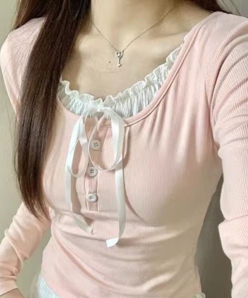 Beststore(ベストストア)の「【秋冬】重ね着風 インナー付き フリル リボン トップス カットソー 長袖 フレンチガーリー(Tシャツ/カットソー・レディース・ピンク/グレー/ブラック/アイボリー・FREE)」の1枚目の写真