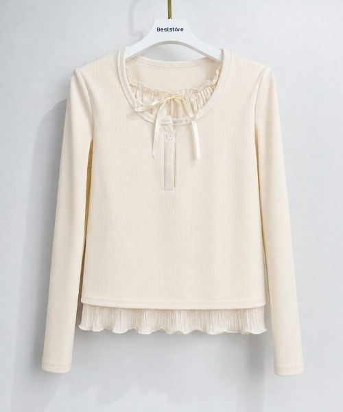 Beststore(ベストストア)の「【秋冬】重ね着風 インナー付き フリル リボン トップス カットソー 長袖 フレンチガーリー(Tシャツ/カットソー・レディース・ピンク/グレー/ブラック/アイボリー・FREE)」の6枚目の写真
