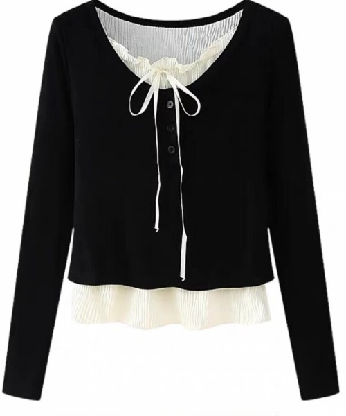 Beststore(ベストストア)の「【秋冬】重ね着風 インナー付き フリル リボン トップス カットソー 長袖 フレンチガーリー(Tシャツ/カットソー・レディース・ピンク/グレー/ブラック/アイボリー・FREE)」の14枚目の写真