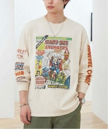 【MARVEL/マーベル】キャプテンアメリカ&スパイダーマンUSD加工コミックプリントロングスリーブTシャツ/パイダーマン/アベンジャーズ 袖プリント&コミックプリント ピグメント風加工 クルーネック ロングスリーブTシャツ ユニセックス