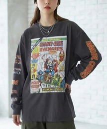 【MARVEL/マーベル】キャプテンアメリカ&スパイダーマンUSD加工コミックプリントロングスリーブTシャツ/パイダーマン/アベンジャーズ 袖プリント&コミックプリント ピグメント風加工 クルーネック ロングスリーブTシャツ ユニセックス