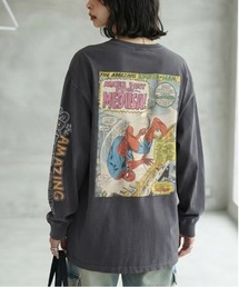 【MARVEL/マーベル】キャプテンアメリカ&スパイダーマンUSD加工コミックプリントロングスリーブTシャツ/パイダーマン/アベンジャーズ 袖プリント&コミックプリント ピグメント風加工 クルーネック ロングスリーブTシャツ ユニセックス