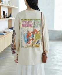 【MARVEL/マーベル】キャプテンアメリカ&スパイダーマンUSD加工コミックプリントロングスリーブTシャツ/パイダーマン/アベンジャーズ 袖プリント&コミックプリント ピグメント風加工 クルーネック ロングスリーブTシャツ ユニセックス