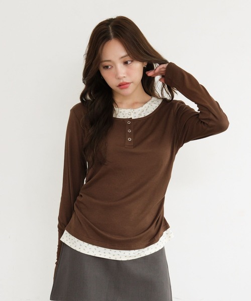 3.3 Field Trip (3.3フィールドトリップ)の「3.3 Field Trip/レイヤードヘンリーネックロングスリーブ(Tシャツ/カットソー・レディース・グレー/ネイビー/ブラウン・FREE)」の5枚目の写真