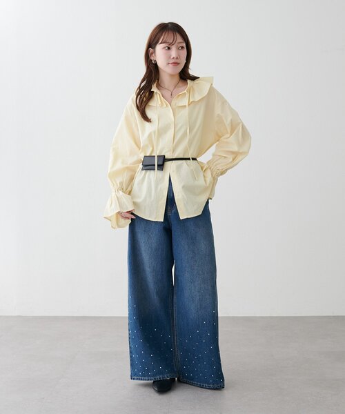 DISCOAT(ディスコート)の「ビジュー使いデニムワイドパンツ(デニムパンツ・レディース・ブルー・SMALL/LARGE/MEDIUM)」の10枚目の写真