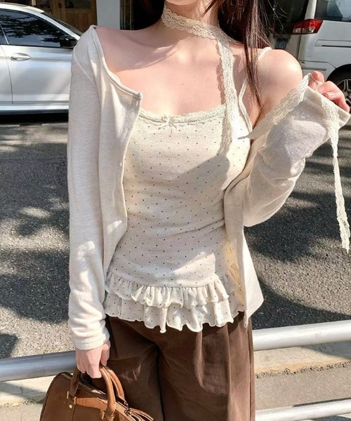 AVYL（アヴィル）の「【2点セット】ドット柄フリルキャミ×カーディガンアンサンブル（ニット/セーター・レディース・アイボリー/ブラウン・M）」の19枚目の写真