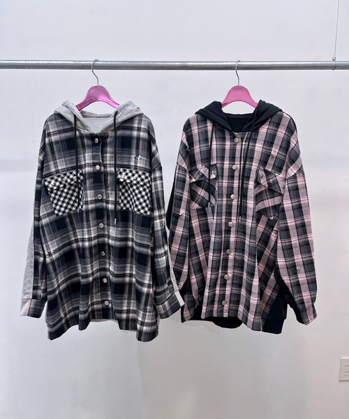Ank Rouge(アンクルージュ)の「Bemqinドッキングシャツパーカー(シャツ/ブラウス・レディース・ピンク/ブラック・M)」の12枚目の写真