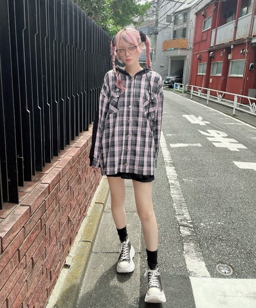 Ank Rouge(アンクルージュ)の「Bemqinドッキングシャツパーカー(シャツ/ブラウス・レディース・ピンク/ブラック・M)」の5枚目の写真