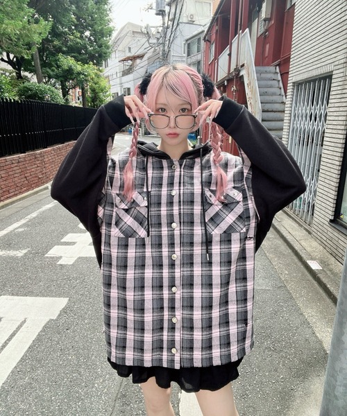 Ank Rouge(アンクルージュ)の「Bemqinドッキングシャツパーカー(シャツ/ブラウス・レディース・ピンク/ブラック・M)」の3枚目の写真