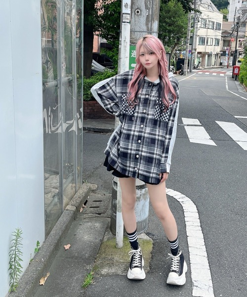 Ank Rouge(アンクルージュ)の「Bemqinドッキングシャツパーカー(シャツ/ブラウス・レディース・ピンク/ブラック・M)」の9枚目の写真