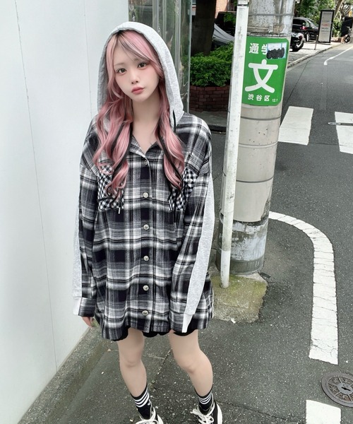 Ank Rouge(アンクルージュ)の「Bemqinドッキングシャツパーカー(シャツ/ブラウス・レディース・ピンク/ブラック・M)」の7枚目の写真