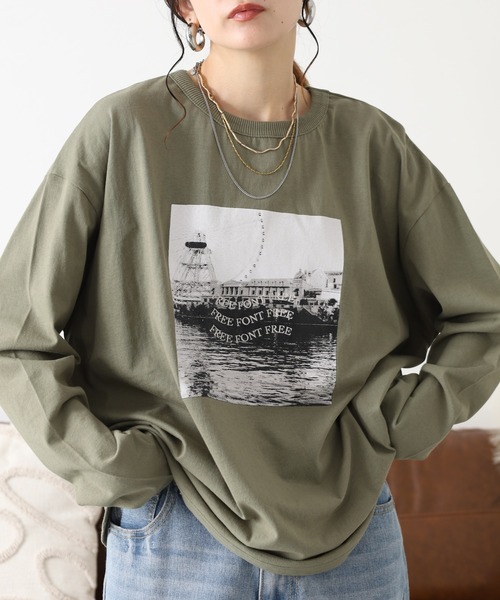 Arinomama（アリノママ）の「Arinomama 200g 20s空紡糸天竺 グラフィックフォト＆刺繍 ロンT（Tシャツ/カットソー・レディース・ブラック/ダークブラウン/カーキ・FREE）」の3枚目の写真