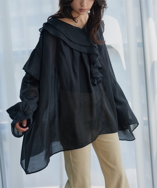 KOBE LETTUCE(コウベレタス)の「シアーフリルチュニックブラウス(シャツ/ブラウス・レディース・ブラウン/ホワイト系/ブラック/セージグリーン・M)」の6枚目の写真