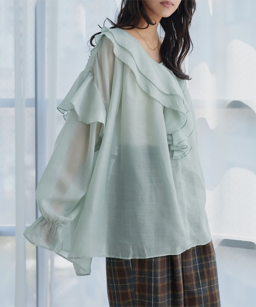 KOBE LETTUCE(コウベレタス)の「シアーフリルチュニックブラウス(シャツ/ブラウス・レディース・ブラウン/ホワイト系/ブラック/セージグリーン・M)」の8枚目の写真