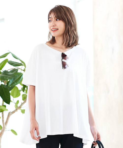 KOBE LETTUCE（コウベレタス）の「［UVカット★吸汗速乾］綿コットン100%体型カバービッグシルエットカットソー/Tシャツ/トップス/レディース[C3322]神戸レタス（Tシャツ/カットソー・レディース・ブラック/ネイビー/オフホワイト/ピンク/ブルー/ホワイト系その他/グレイッシュベージュ・FREE）」の2枚目の写真