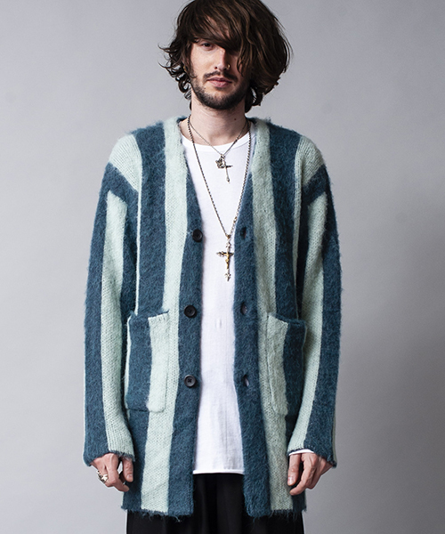 NO ID.（ノーアイディ）の「mcg2286-シャギーＭＩＸニットストライプＪＱカーディガン（カーディガン/ボレロ・メンズ・グリーン/グレー/ブラック・1/2）」の3枚目の写真