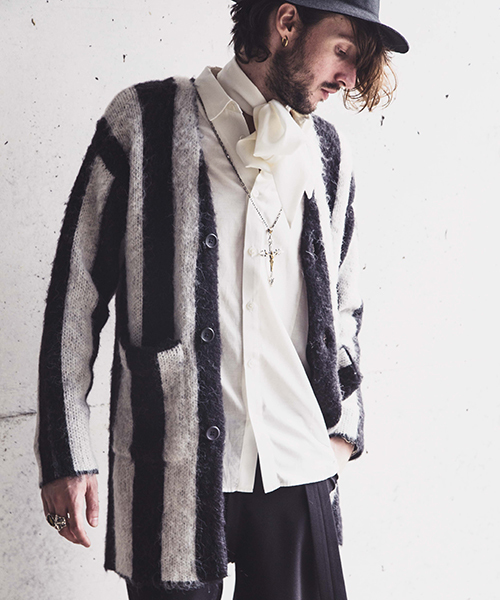 NO ID.（ノーアイディ）の「mcg2286-シャギーＭＩＸニットストライプＪＱカーディガン（カーディガン/ボレロ・メンズ・グリーン/グレー/ブラック・1/2）」の2枚目の写真