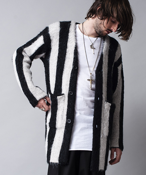 NO ID.（ノーアイディ）の「mcg2286-シャギーＭＩＸニットストライプＪＱカーディガン（カーディガン/ボレロ・メンズ・グリーン/グレー/ブラック・1/2）」の5枚目の写真